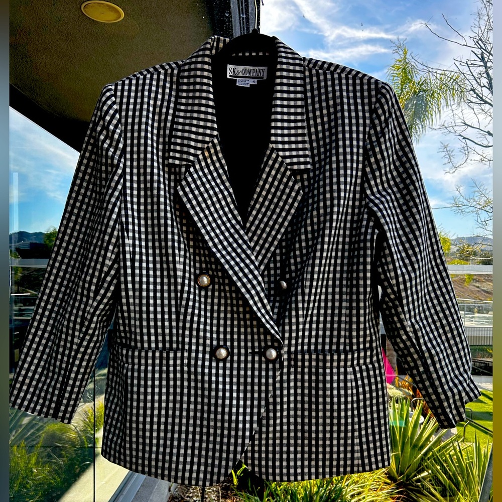 80s Vtg Black White & Gold Button Double Breasted Blazer